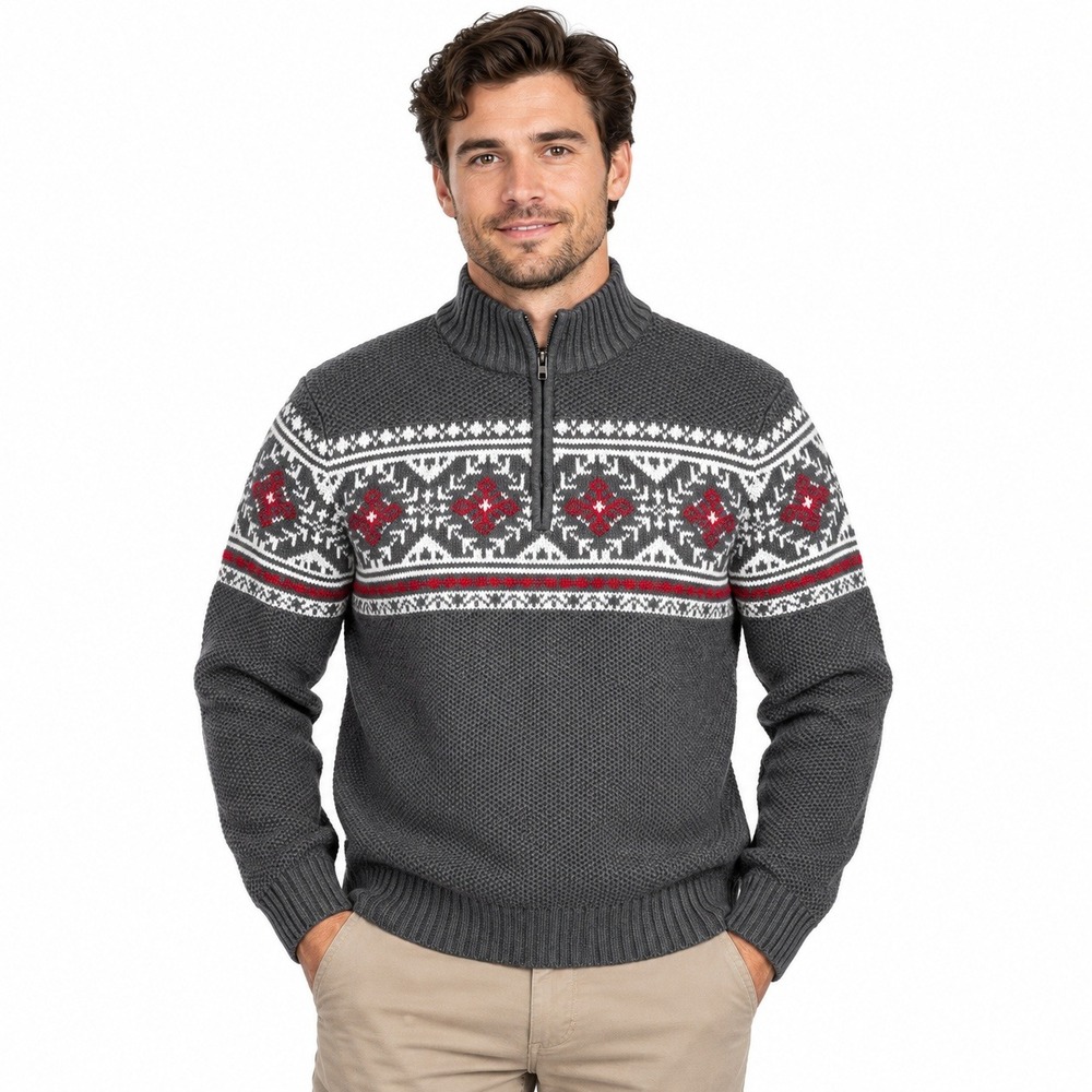 IZOD Quarter Zip Sweater Men XL Grey Fair Isle Nordic Knit Pullover Winter Warm